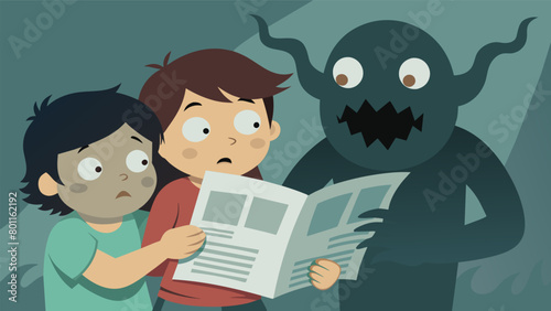 Two kids huddle together in fear as they spot a monster with a newspaper body its arms menacingly waving around sensationalized stories..