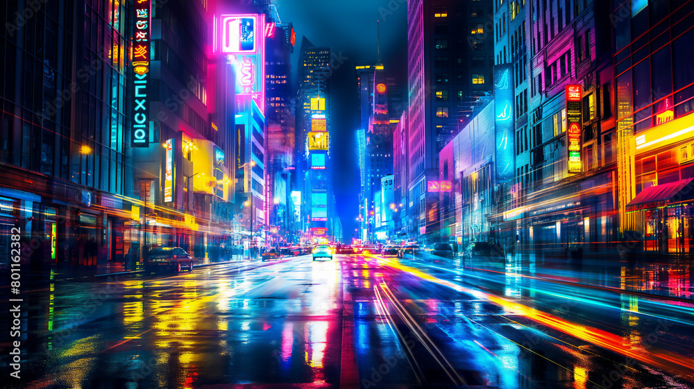 Vibrant night scene of a bustling city street bathed in neon lights and reflections, capturing the energy and motion of urban life.