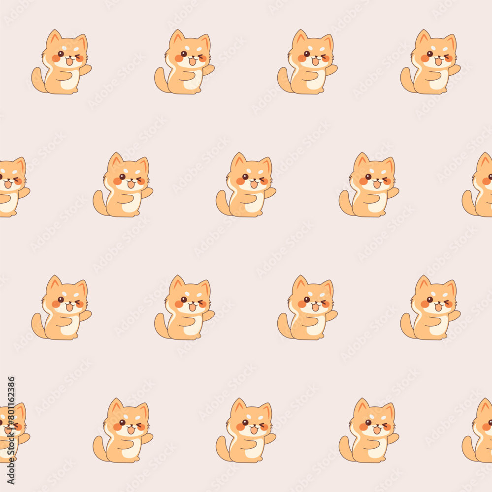 Cute Kawaii Cat Character Seamless Pattern. Childish Funny Textile Fabric Print Swatch. Cartoon Positive Cat Animal Happy Birthday Gift Wrapping Paper Design. 