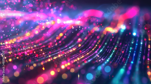 Dynamic digital landscape of flowing light waves in vibrant pink and blue hues, dotted with glowing particles. © Ritthichai