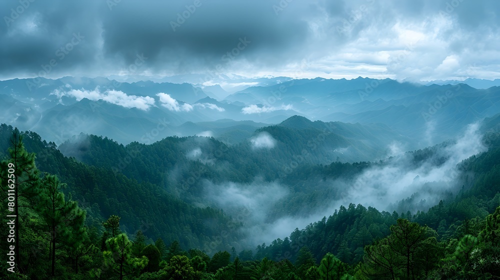 Dramatic View of Layered Mountain Forests and Cloudy Skies in Maehongson Thailand
