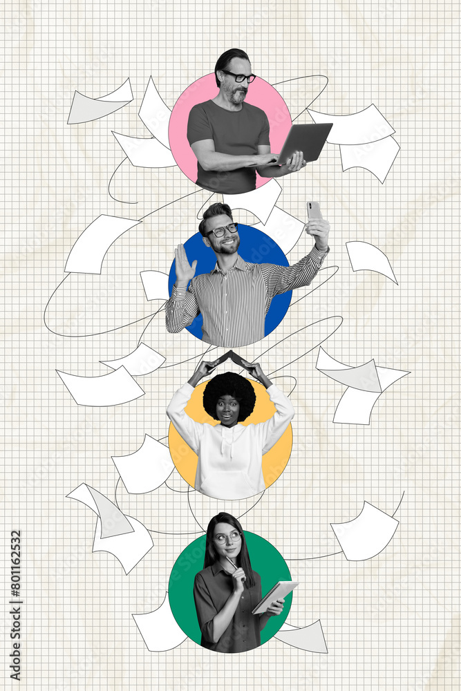 Fototapeta premium Vertical collage picture people colleagues working video conference thoughtful woman laptop gadgets remote cooperation teamwork