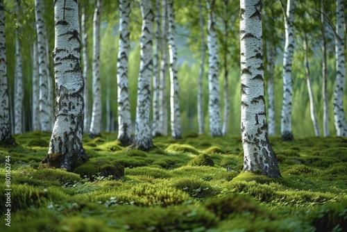 Birch Tree Forest: White bark contrasting with a green forest floor. 