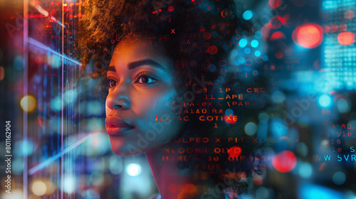 A captivating profile picture of an African American woman with curly hair  in a double exposure style  seamlessly blending her portrait with the digital interface screen displaying code lines