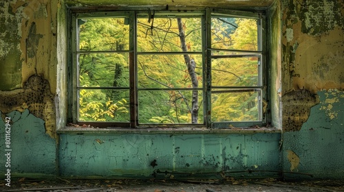 Abandoned factory interior with old window and colorful autumn trees.