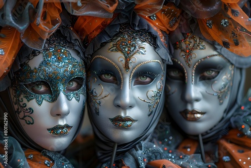 Elaborate and Vibrant Venetian Carnival with Ornate Masks and Costumes description This image captures the lively and colorful atmosphere of a