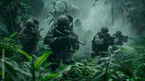 Elite Infantry Unit Maneuvering Through Treacherous Tropical Jungle Terrain With Grit and Tactical Precision photo