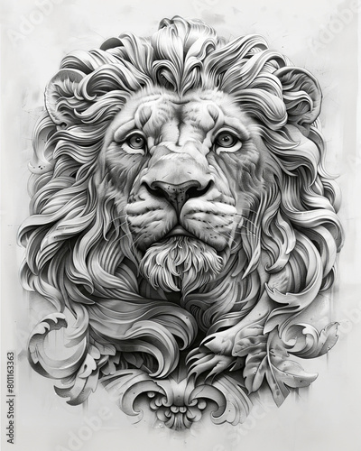 lion kingdom ,realistic, sculpted by Bernini, greyscale, high contrast, pencil drawing, tattoo design