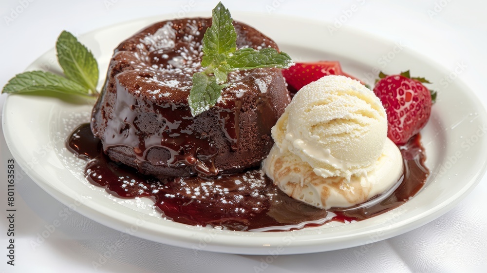 Decadent chocolate lava cake with vanilla ice cream on minimalist backdrop, elegant dessert display Decadent chocolate lava cake with vanilla ice cream on minimalist backdrop, elegant dessert display
