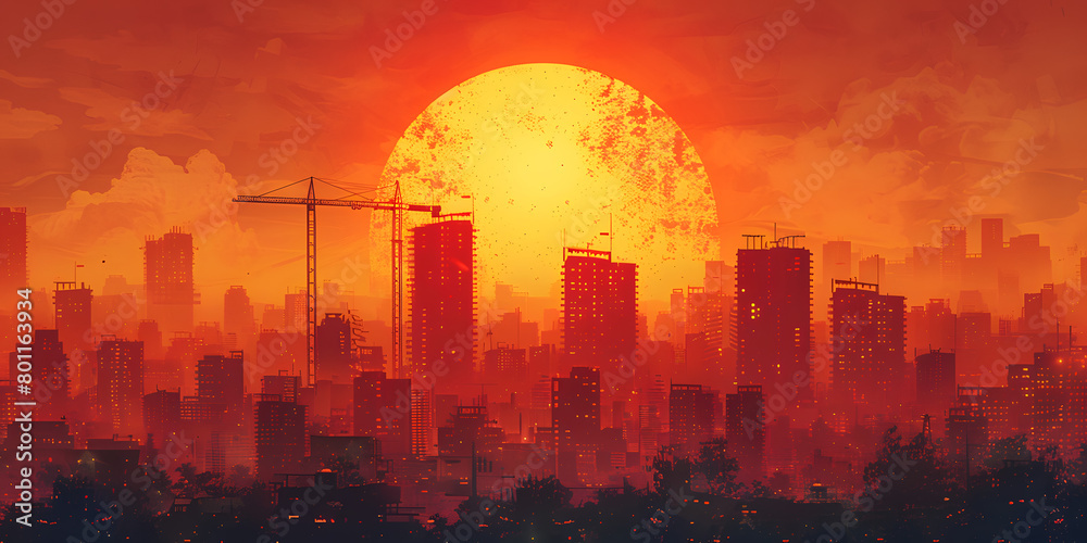 Silhouette of modern office buildings and construction tower crane against sunset. Orange and red sunset sky over city skyline. Urban development and construction concept. Design for poster, wallpaper