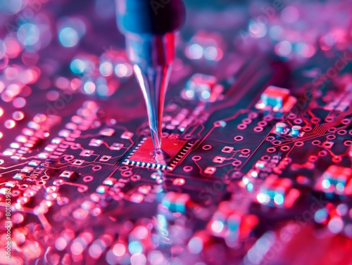 Close-up view of a soldering iron on a vibrant electronic circuit board, symbolizing technology, repair, and innovation.