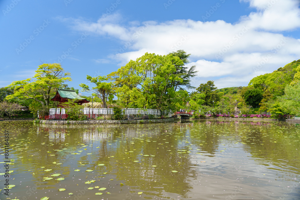 Obraz premium 鎌倉 鶴岡八幡宮の源氏池にある旗上弁財天社