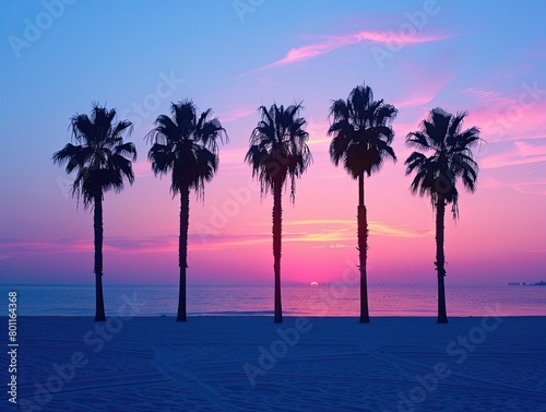 Embracing the Magic of Twilight on a Sandy Beach - Wonder - Coastal Photography with Dreamy Atmosphere - Silhouettes of Palm Trees Against Colorful Sky