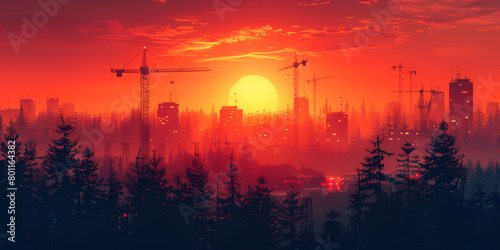 Silhouette of modern office buildings and construction tower crane against sunset. Orange and red sunset sky over city skyline. Urban development and construction concept. Design for poster, wallpaper © Ekaterina