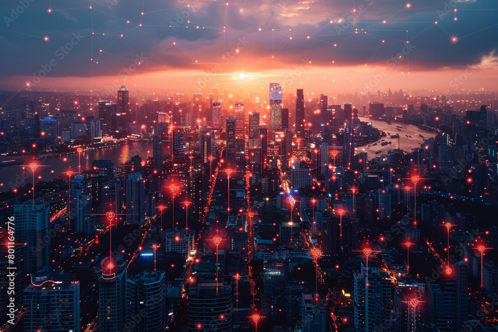 Smart city overview at dusk, IoT networks highlighted, energyefficient systems in action
