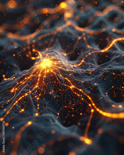 Quantum bits represented in 3D, glowing connections, dark quantum realm visualization