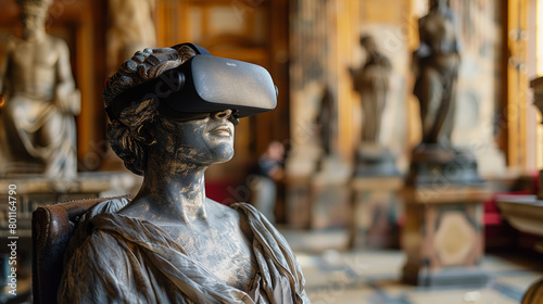 Tourist using VR to explore historical sites, sitting in a VR chair, dynamic visuals