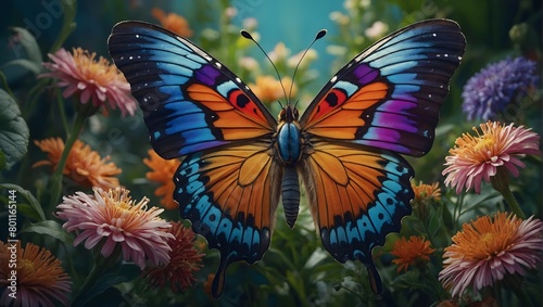 "A vibrant and symmetrical illustration showcasing a meticulously detailed butterfly at the center, with wings embellished in vivid hues of blue, purple, pink, and orange. The butterfly is encircled b