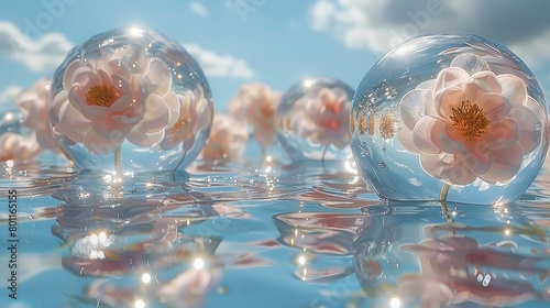  A collection of glass orbs atop a water surface, encircling a solitary flower