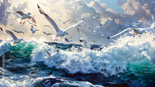 many birds is flying on the ocean photo