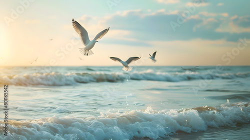 seagulls flying over the sea © Supatsorn