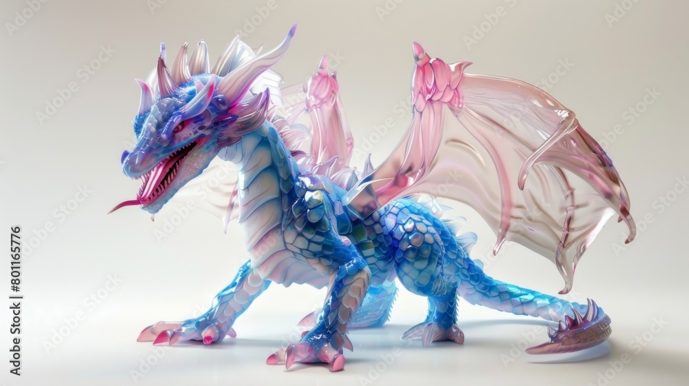 Fototapeta premium A blue and pink dragon with a pink tongue and pink wings.&nbsp;The dragon is made of glass and is standing on a white background