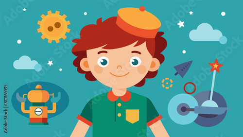 A show about a boy with dyspraxia who uses his creativity and imagination to invent contions that help his friends on their adventures.. Vector illustration