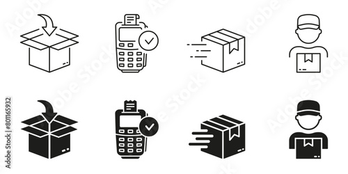 Purchase And Delivery Steps Line and Silhouette Icon Set. Order Process Symbol Collection. Packaging, Payment, Shipping Pictogram. Shipment Guide Sign. Isolated Vector Illustration