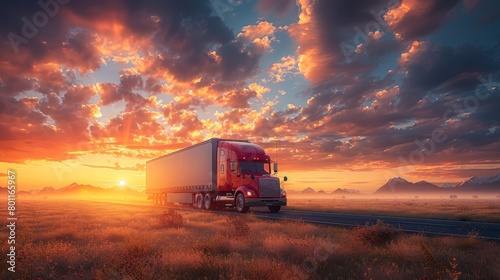  A red semitruck traverses a rural road beneath a cloudy sky, with the sun sneaking through the distant clouds