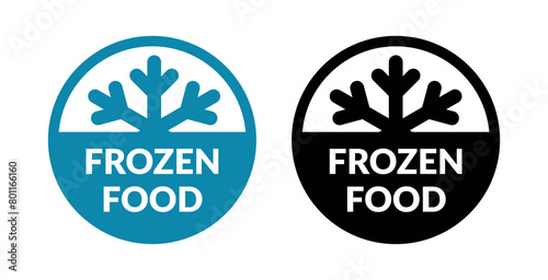 Frozen food, keep frozen vector labels. Blue and black snowflake flat icon symbols for packages, stickers, web, badges, logo, banner, poster.