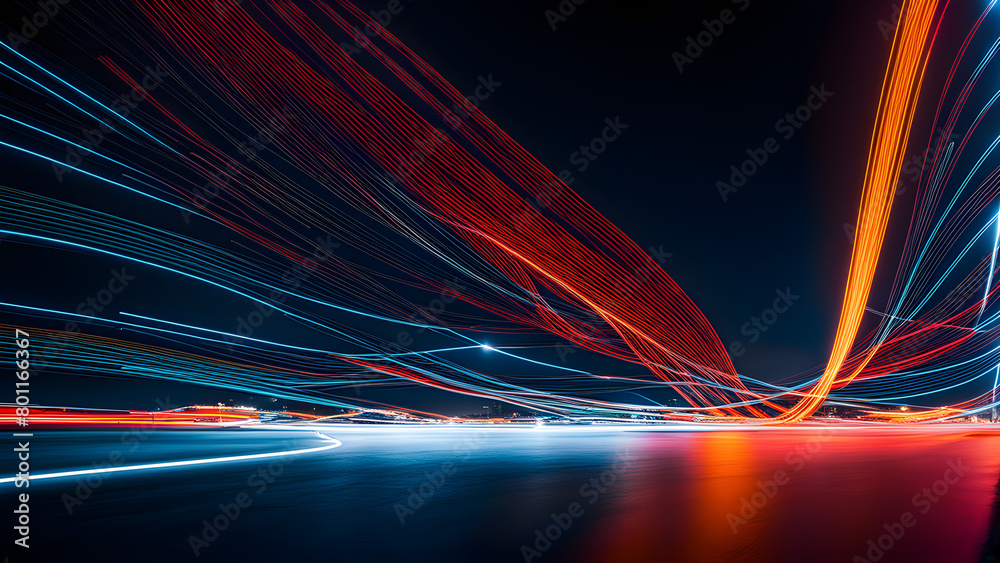 Obraz premium High speed forward light, urban expressways and traffic flow, time-lapse photography, abstract background, colored light, technology and city