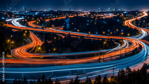 High speed forward light, urban expressways and traffic flow, time-lapse photography, abstract background, colored light, technology and city