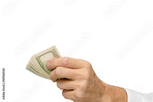 Male hand holding dollar money and making savings isolated on white background, highlighting the significance of financial success and the impact it can have on one's life.