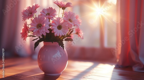   A pink vase, brimming with pink blooms, rests atop a hardwood floor Nearby, a curtained window frames the scene