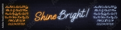 Shine Bright neon text on brick wall background.