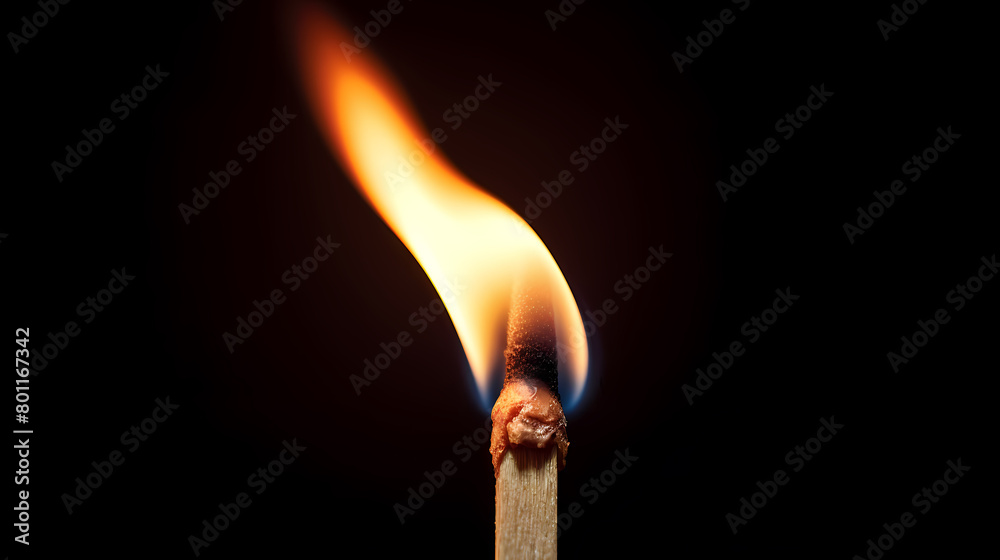 Close up of burning match isolated on black background Close up of burning match isolated on black background