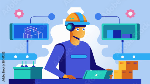 A bluecollar worker wearing a bulky neural interface helmet expertly navigates a virtual warehouse on a set of conveyor belts controlling them with.