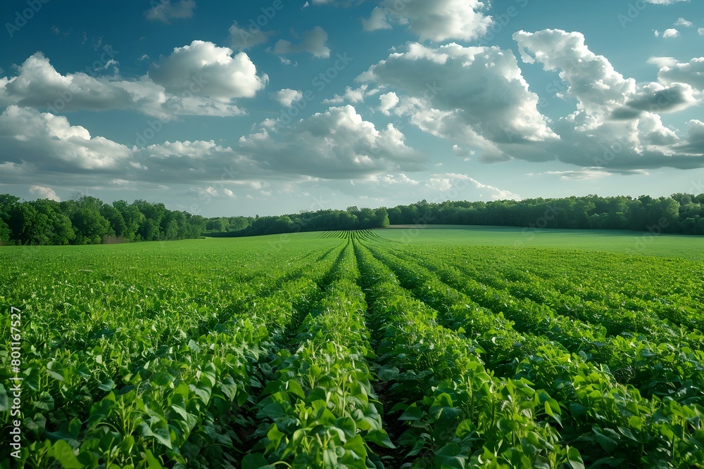 Lush Soybean Plantation in Serene Countryside Landscape with Vibrant Green Foliage and Dramatic Sky