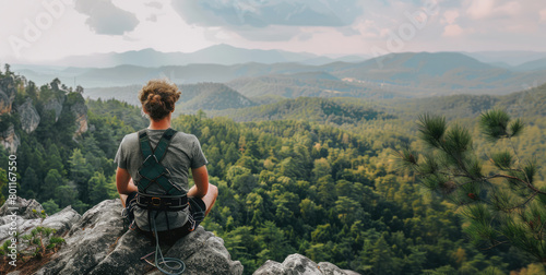 Person participating in an outdoor recreational activity such as rock climbing with scenic nature landscapes in the background photo