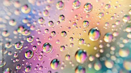 A close-up view of a glass surface covered in water droplets  with a vibrant burst of radial rainbow colors softly focused in the background.