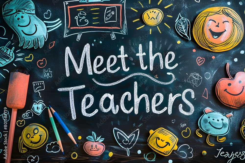 Meet the Teachers Night Banner: A Friendly and Inviting Chalkboard Art Doodle of Smiling Caricatures and Classroom Items