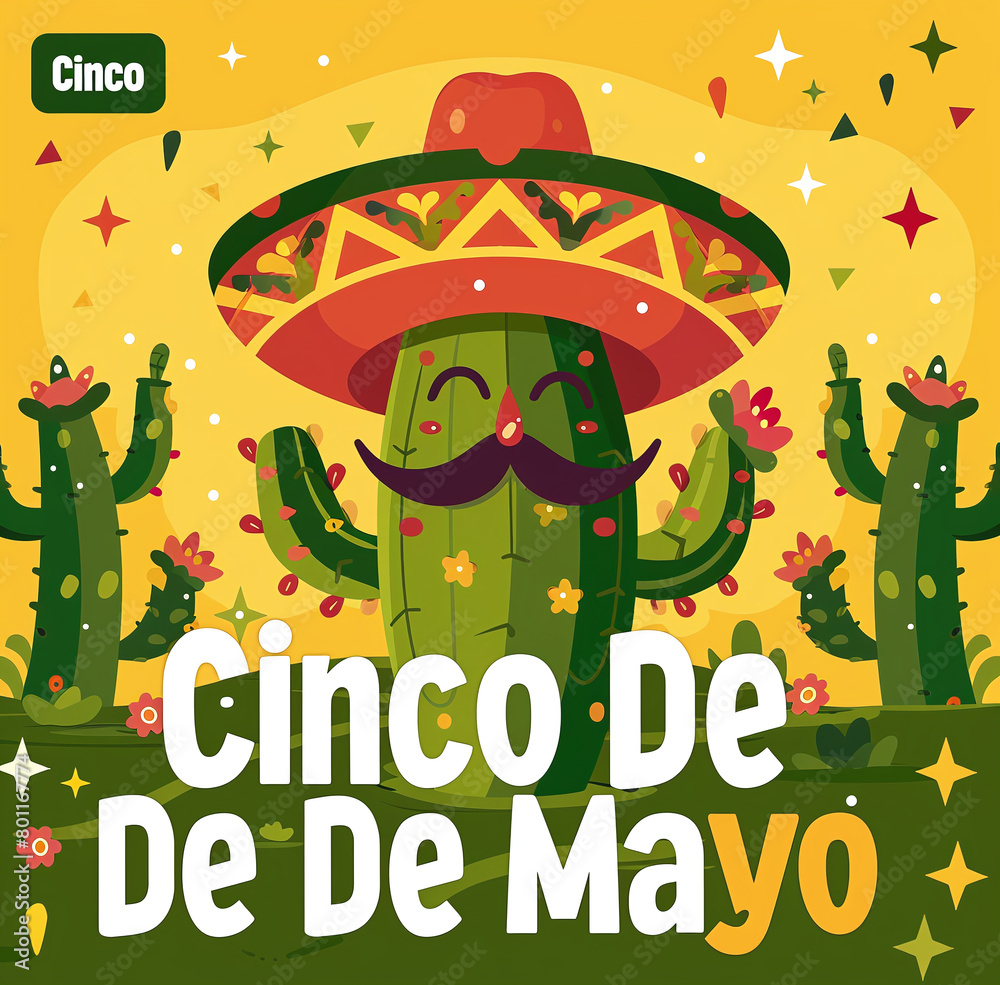 Illustration of a smiling cactus wearing a sombrero, surrounded by smaller cacti and stars, celebrating Cinco de Mayo. Illustration of a smiling cactus wearing a sombrero, surrounded by smaller cacti and stars, celebrating Cinco de Mayo.