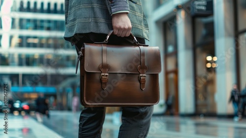 Unrecognizable businessman walking with a briefcase, business centre in background