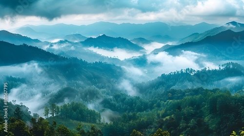 Mesmerizing Layered Mountain Forest Landscape with Misty Clouds and Serene Ambiance