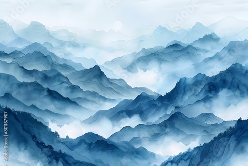Misty Mountain Landscape in Serene Watercolor Tones