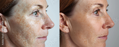 Before After photo pigmentation skin treatment of woman in 20s 30s, before she has discoloration dark sun spots afterwards clear skin micro-needling led ipl laser facial beauty derma skincare salon photo