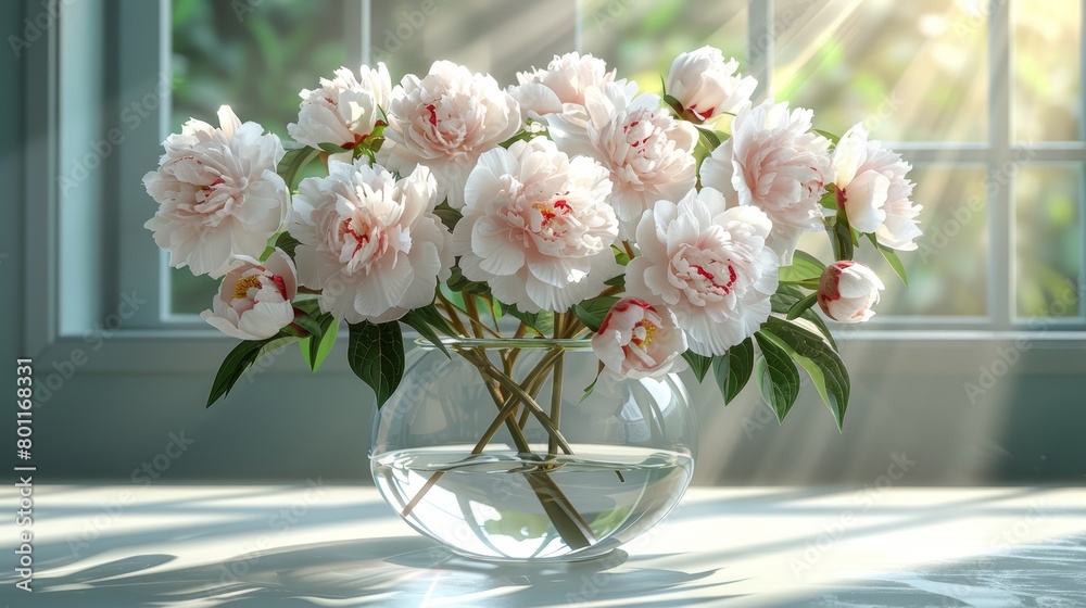 A table holds a vase overflowing with pink blooms Nearby, a glass vase is filled with vibrant greenery and water A table holds a vase overflowing with pink blooms Nearby, a glass vase is filled with vibrant greenery and water