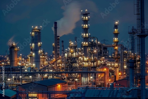 Night View of Illuminated Industrial Plant 