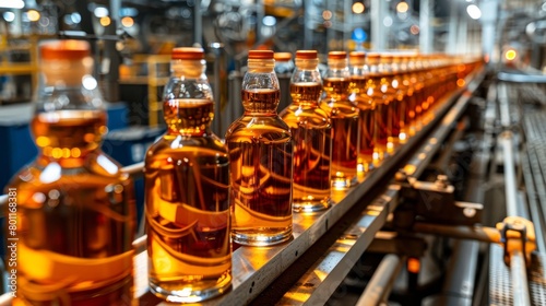 Whiskey bottling line observed in a typical manufacturing facility for efficient production © Andrei
