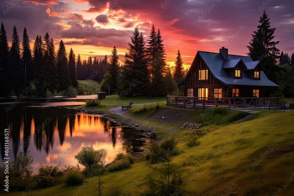 A cabin is brightly lit near a lake in the dark of night, casting a warm glow on the surrounding area. Generative AI